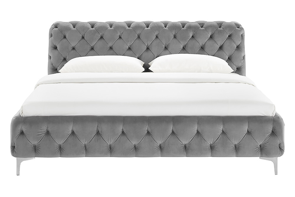 Design Bett MODERN BAROCK 160x200cm grau Samt Chesterfield Doppelbett