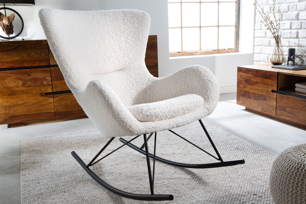 Design Schaukelstuhl SCANDINAVIA SWING weiß Bouclé Sessel schwarz Metall