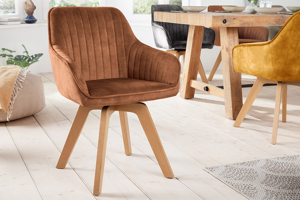 Drehbarer Design Stuhl LIVORNO rost braun Samt Buchenholz Beine mit Armlehnen
