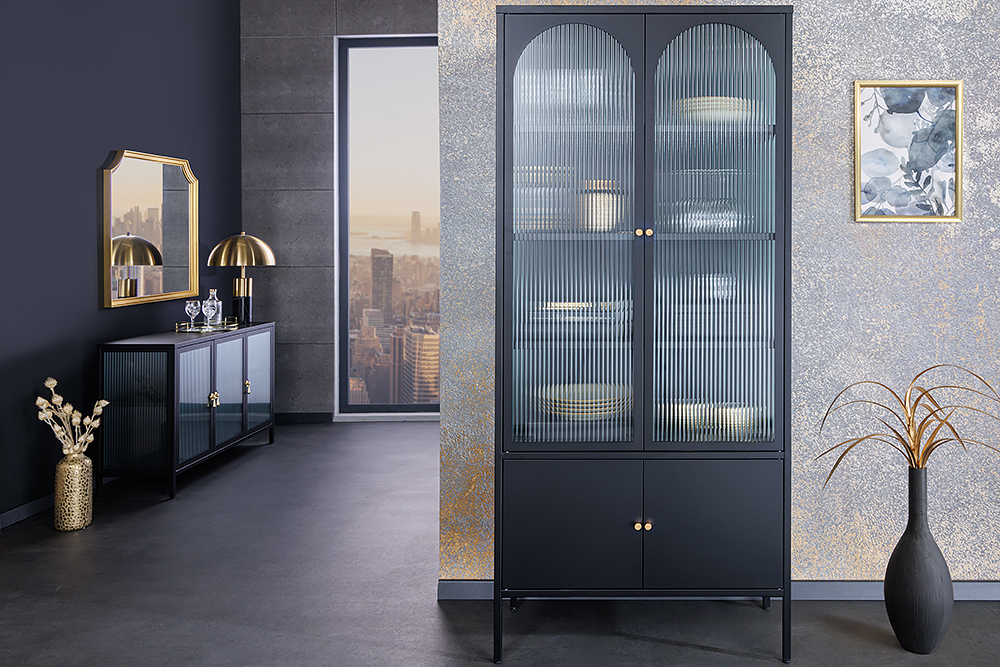 Moderne Vitrine PARIS 180cm schwarz gold Riffelglas Metall Highboard Schrank Moderne Vitrine PARIS 180cm schwarz gold Riffelglas Metall Highboard Schrank