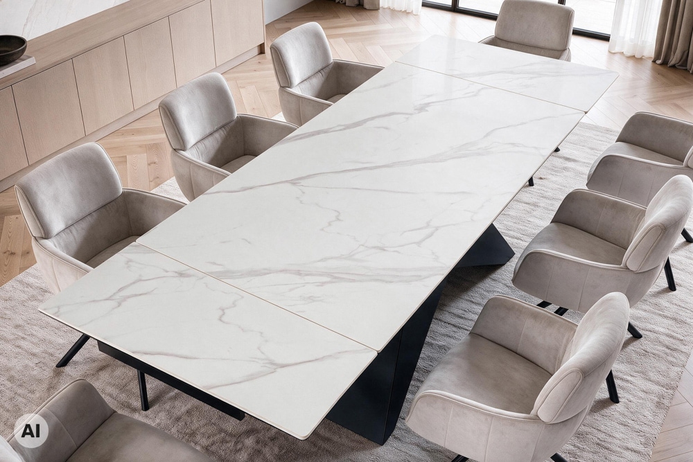 Design Esstisch DIAMOND 180-260cm matt weiß Keramik Metallgestell schwarz