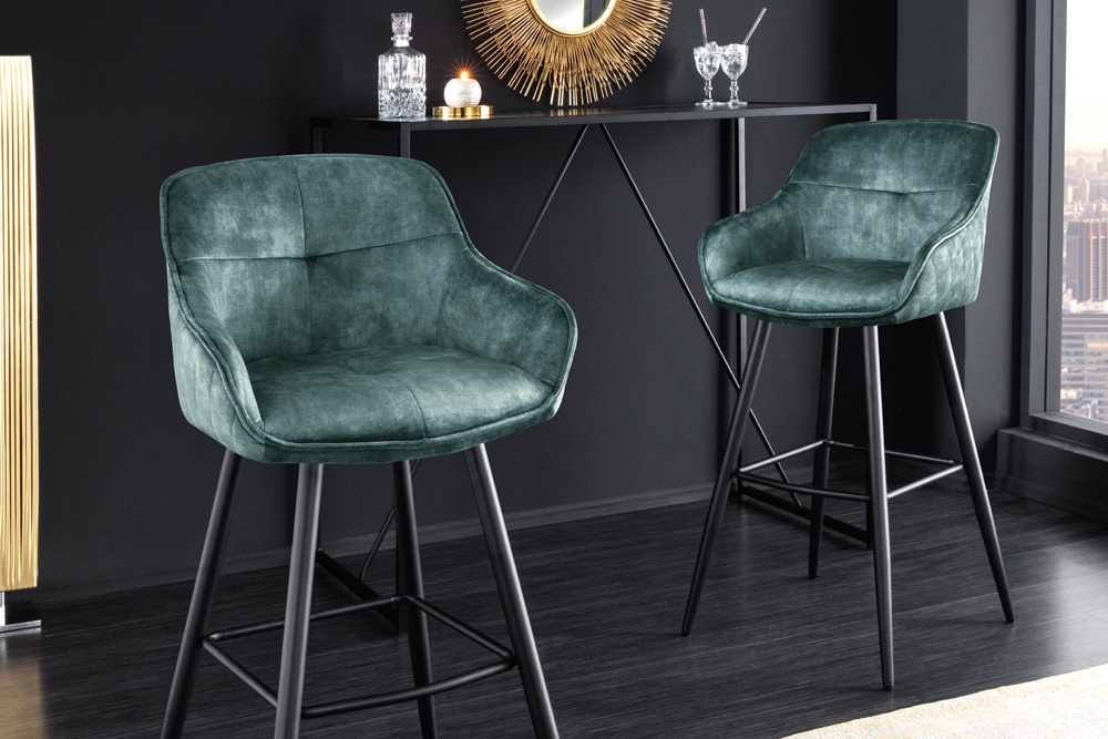 Design Barhocker EUPHORIA petrol Samt schwarze Metallbeine Barstuhl mit Lehne