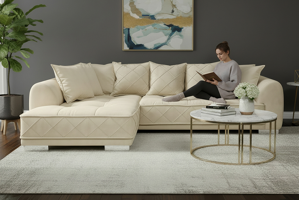 Modernes XXL Ecksofa DECADENCIA 320cm beige Samt Bigsofa inkl. Kissen