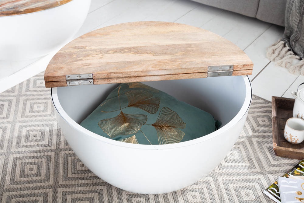 Runder Couchtisch INDUSTRIAL STORAGE 60cm weiß natur Mangoholz mit Stauraum handmade