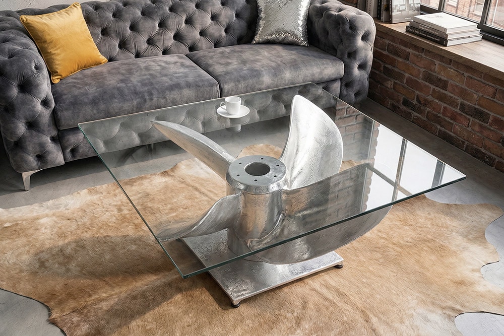 Maritimer Couchtisch OCEAN L 85cm silber antik Schiffsschraube mit Glasplatte