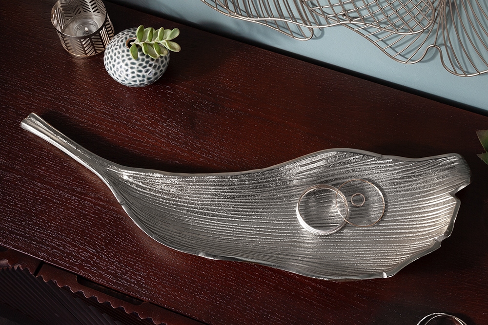 Handgefertigte Deko Schale ABSTRACT LEAF 65cm silber Aluminium