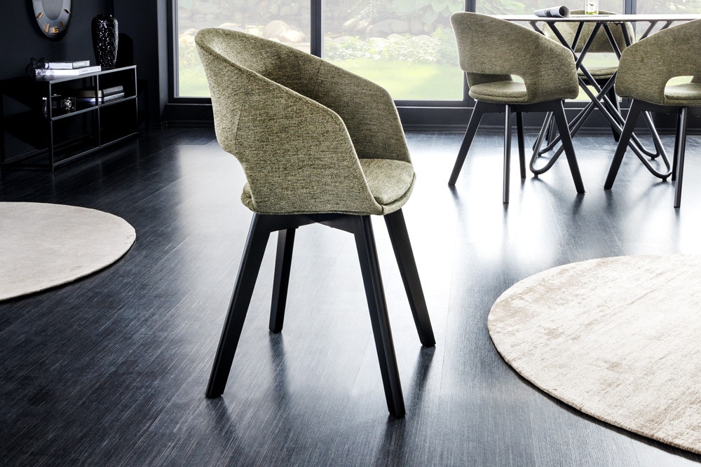 Design Stuhl NORDIC STAR grün Strukturstoff Massivholz schwarz mit Armlehne gepolstert