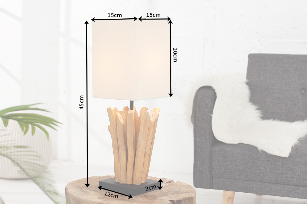 Handgearbeitete Treibholz Tischleuchte EUPHORIA 45cm beige mit Leinenschirm