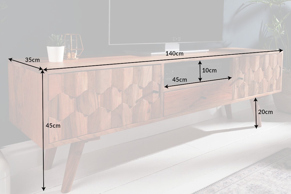 Massives TV-Board MYSTIC LIVING 140cm Akazie natur 3D Oberfläche Massivholz
