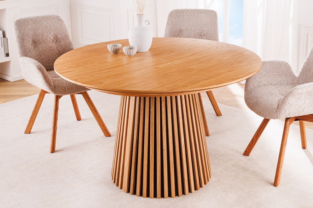 Ausziehbarer Esstisch VALHALLA WOOD 120-160-200cm natur Eichenholz oval Säulenfuß