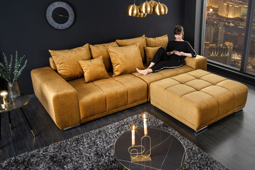 Extravaganter Hocker ELEGANCIA 110cm senfgelb Vogue Velours Samt mit Ziersteppung