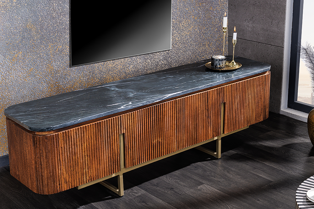 Design TV-Board GATSBY 160cm braun gold Mangoholz Marmor Metallgestell