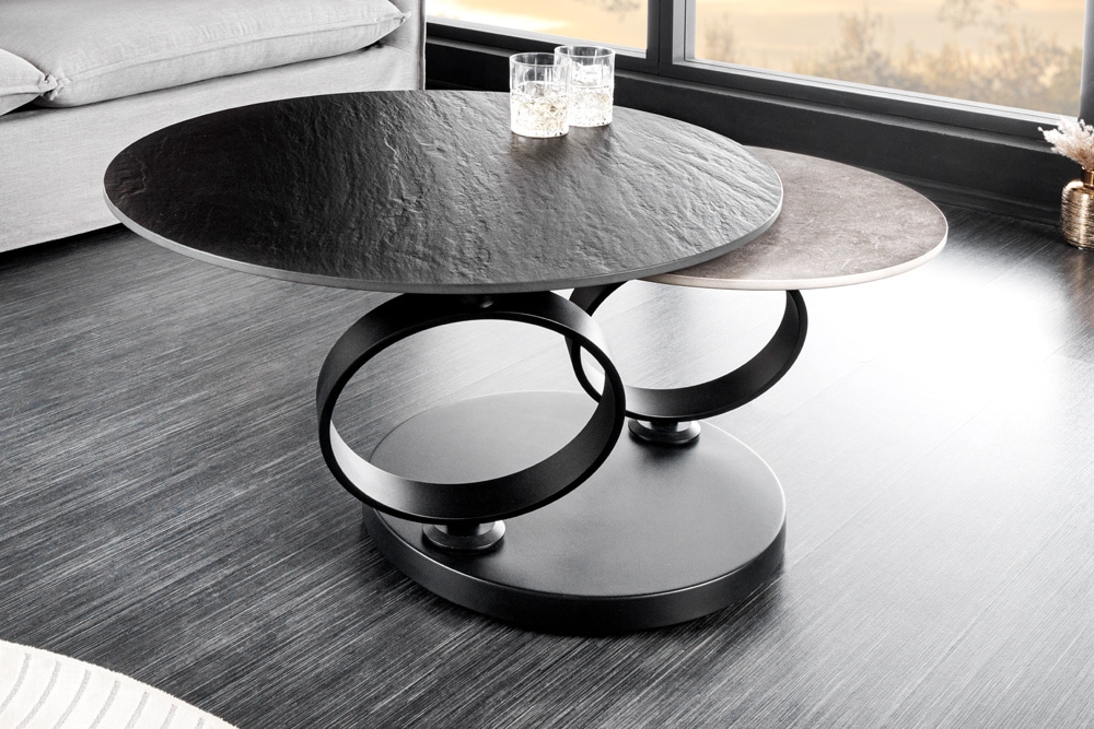 Design Couchtisch DANCING RINGS schwarz grau rund drehbar Keramik Metall
