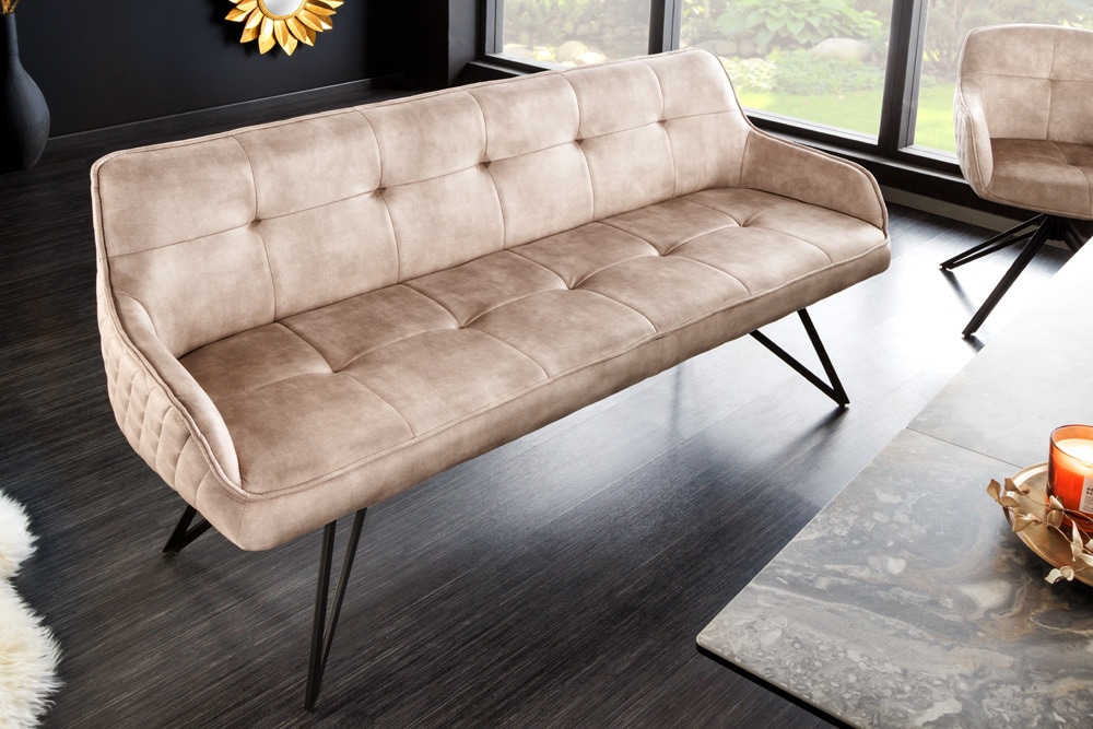 Design Sitzbank EUPHORIA 160cm champagner greige Samt Hairpin Legs Metallbeine Armlehnen