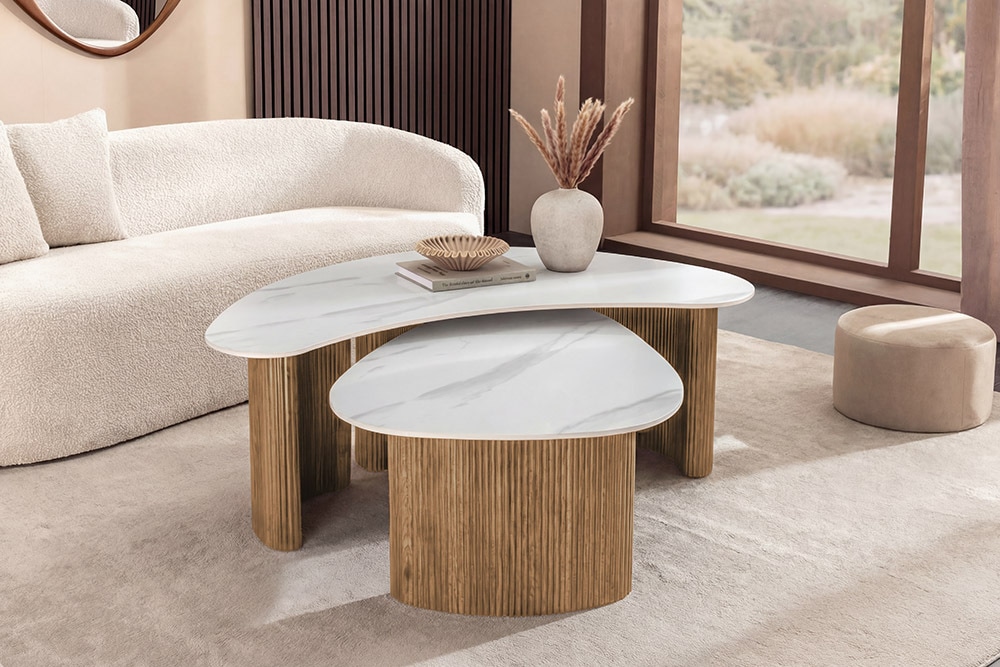 2er Set Couchtische OSAKA 120cm weiß Marmor Keramik natur Eiche