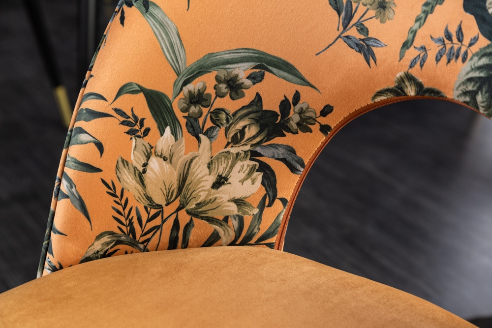 Design Stuhl PRÊT-À-PORTER gelb Samt florales Muster und goldene Fußkappen