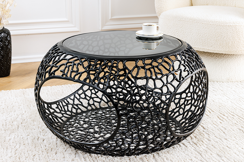 Runder Couchtisch SPIN 75cm schwarz Schwarzglas Metall mit Stauraum handmade » Jetzt kaufen