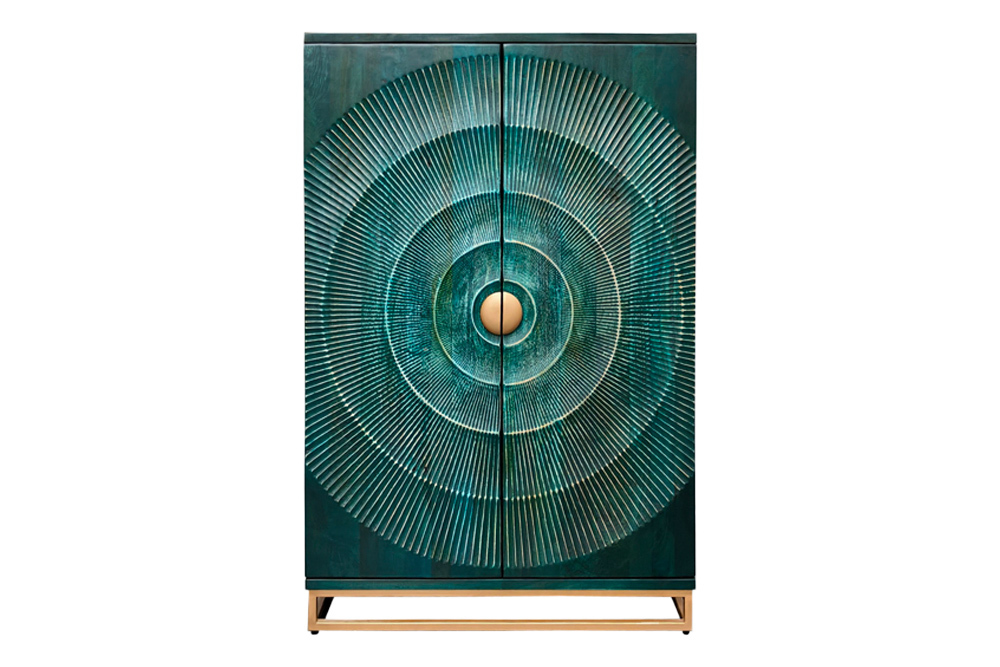 Handgearbeiteter Barschrank GOLDEN SUNSET 140cm türkis Mangoholz massiv