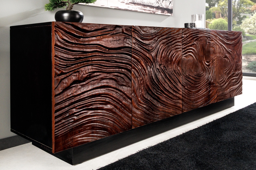 Massives Sideboard FLUID 175cm walnuss-braun Akazienholz 3D-Design schwarzer Sockelfuß