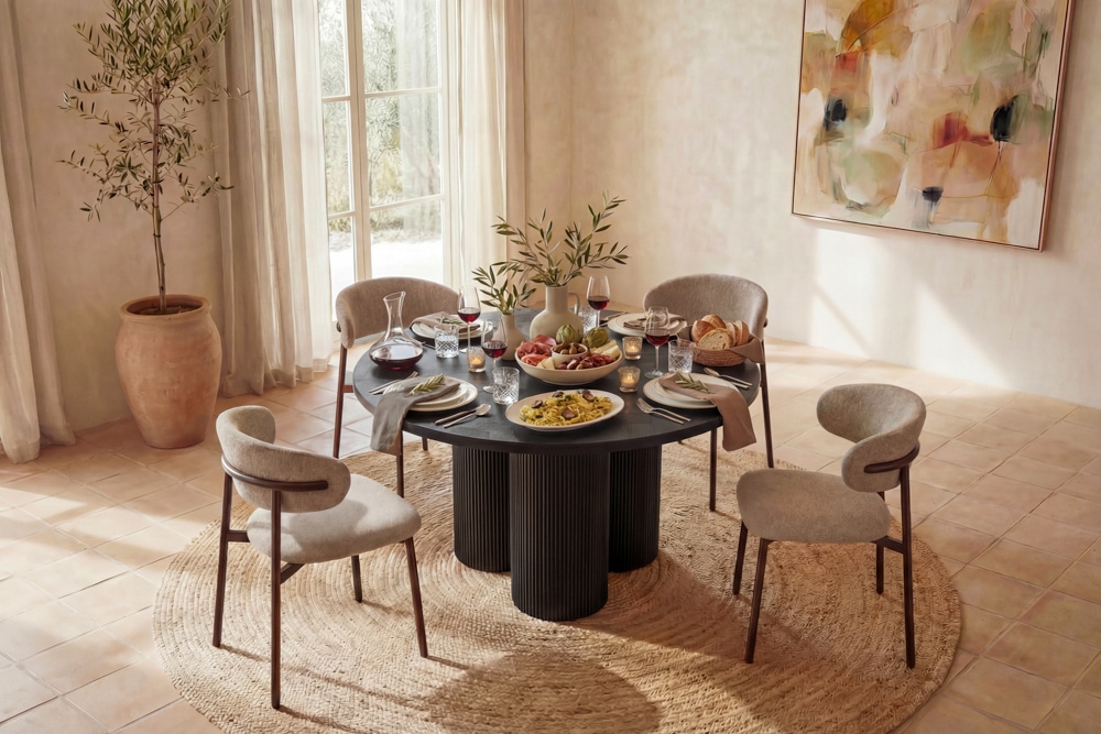 Design Esstisch BABYLON 120cm schwarz Fischgrät Eiche rund mit drei Säulenfüßen
