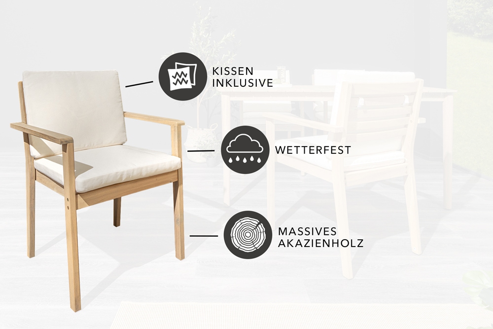 Massiver Gartenstuhl KOPENHAGEN natur Akazienholz beige Outdoor inkl. Kissen