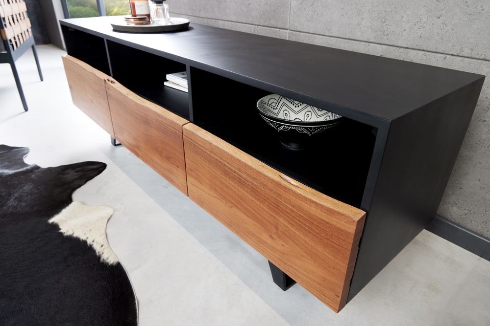 Industrial Design TV-Board ORGANIC ARTWORK 140cm Akazie Massivholz Eisengestell