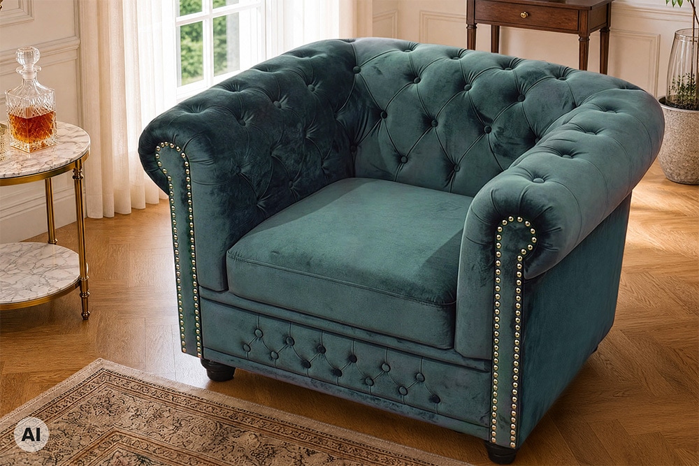 Barocker Sessel CHESTERFIELD petrol Samt Federkern goldene Nieten mit Knopfheftung