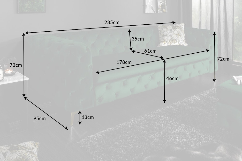 Chesterfield 3-Sitzer Sofa MODERN BAROCK 235cm smaragdgrün Samt Federkern gold Metallfüße
