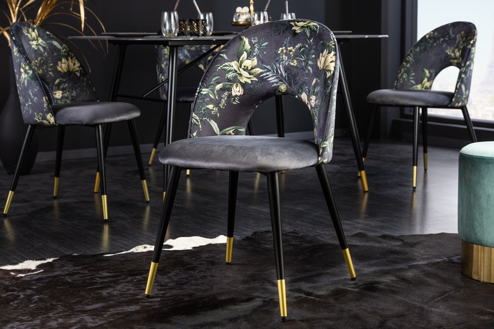Design Stuhl PRÊT-À-PORTER grau Samt florales Muster und goldene Fußkappen
