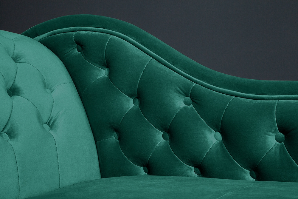 Design Récamière CHESTERFIELD 170cm smaragdgrün Samt Knopfheftung Nietenbesatz