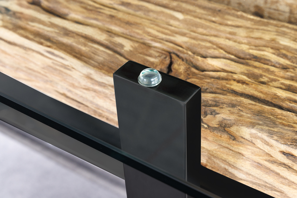 Design Glas Esstisch BARRACUDA 220cm natur Teak Massivholz schwarz Kufengestell