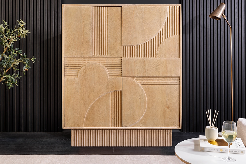 Design Highboard ART DECO 120cm weiß gekälkt Mangoholz massiv 3D Front