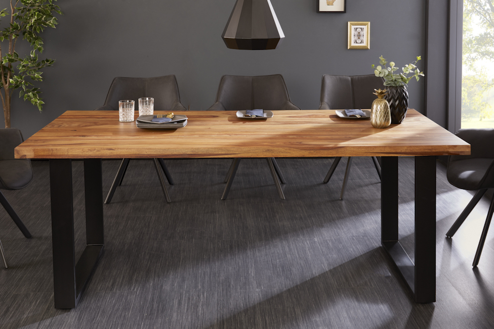 Massivholz Esstisch IRON CRAFT 180cm Sheesham stone finish Metallgestell schwarz