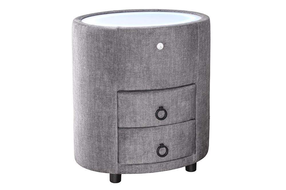 Nachttisch SIGNUM 55cm oval grau Vogue Seiden Samtstoff inkl. Beleuchtung Schubladen
