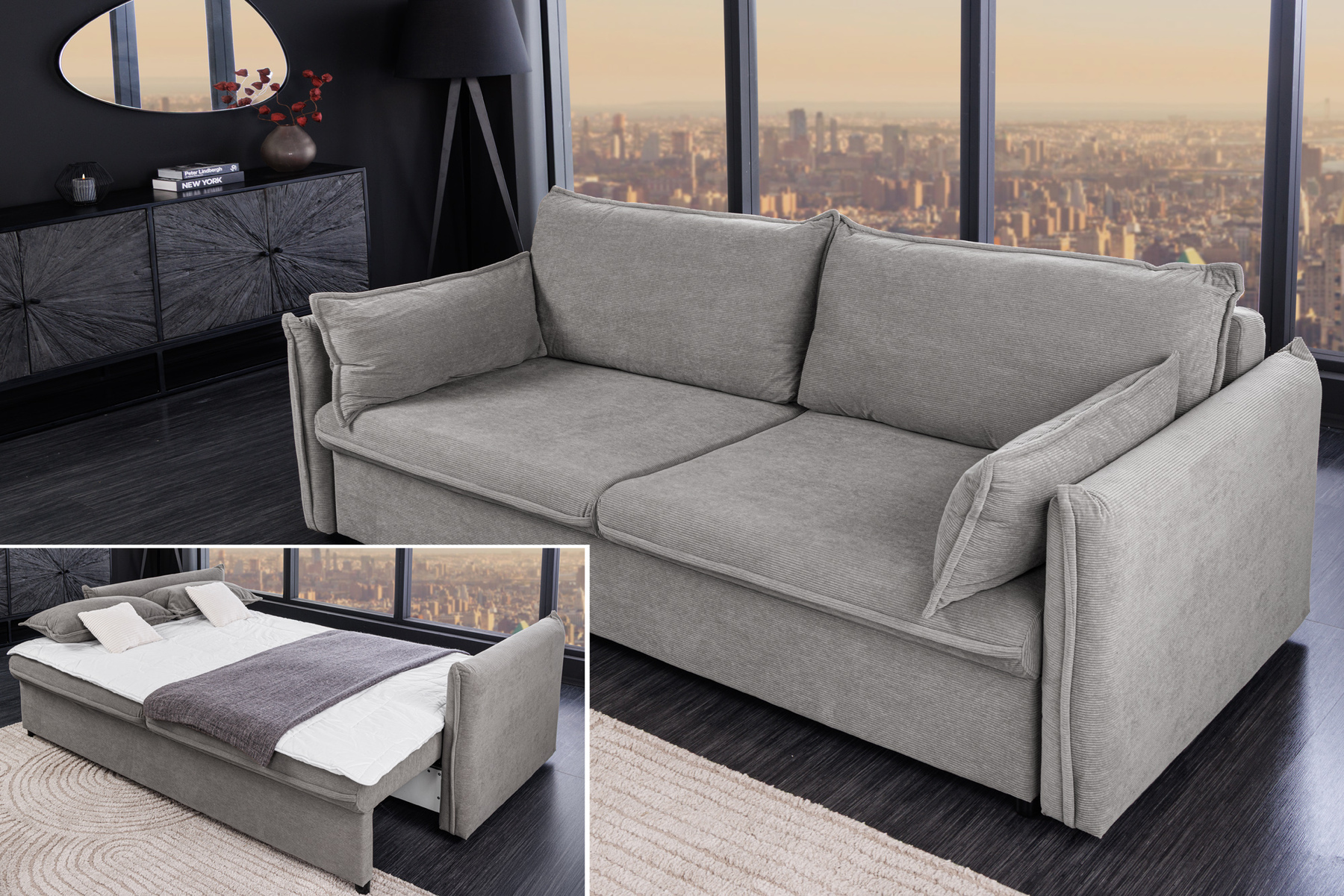 XXL Sofa mit Schlaffunktion APARTMENT grau Cord inkl. Bettkasten und Kissen