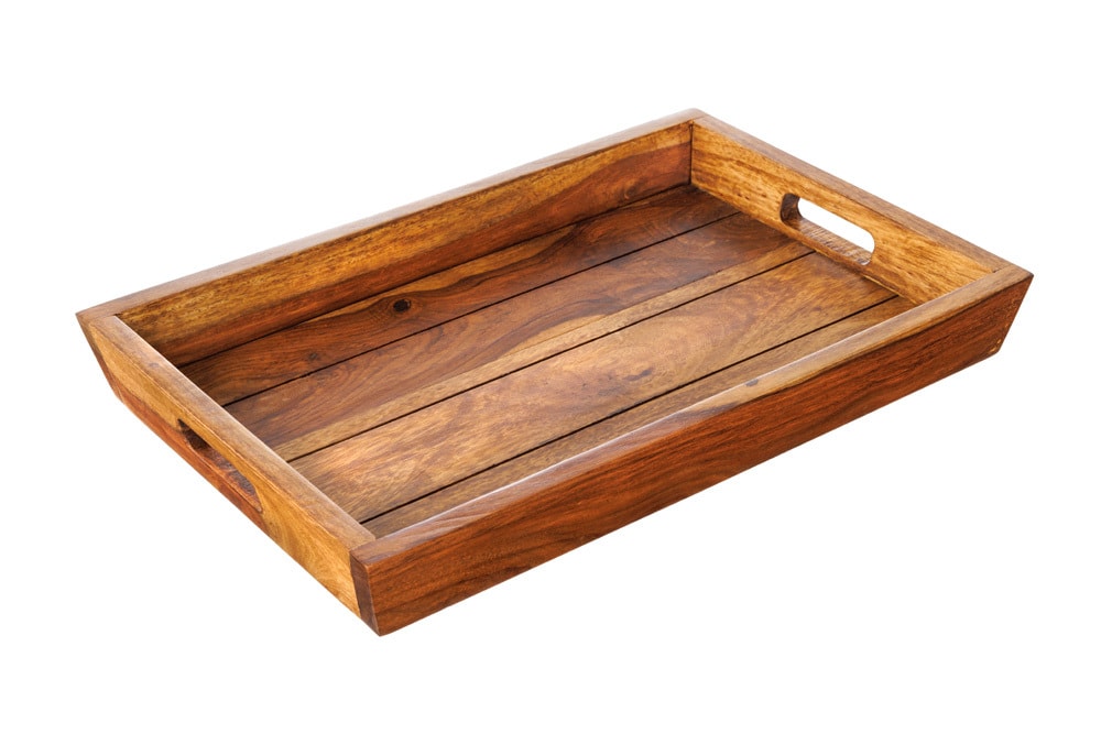 Dekoratives Tablett MAKASSAR 45cm braun Sheesham Massivholz stone finish Servierbrett