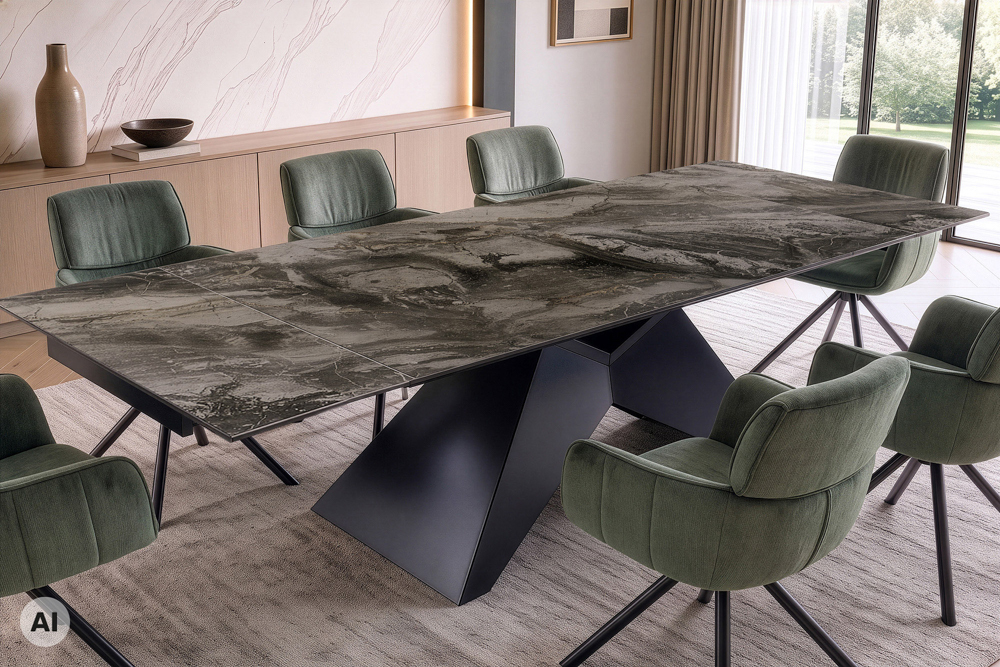 Design Esstisch DIAMOND 180-260cm taupe Keramik Metallgestell schwarz