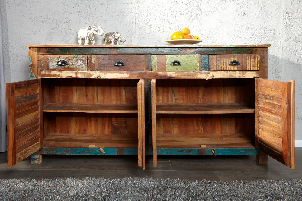 Einzigartiges Sideboard JAKARTA 160cm bunt recyceltes Massivholz aus Fischerbooten