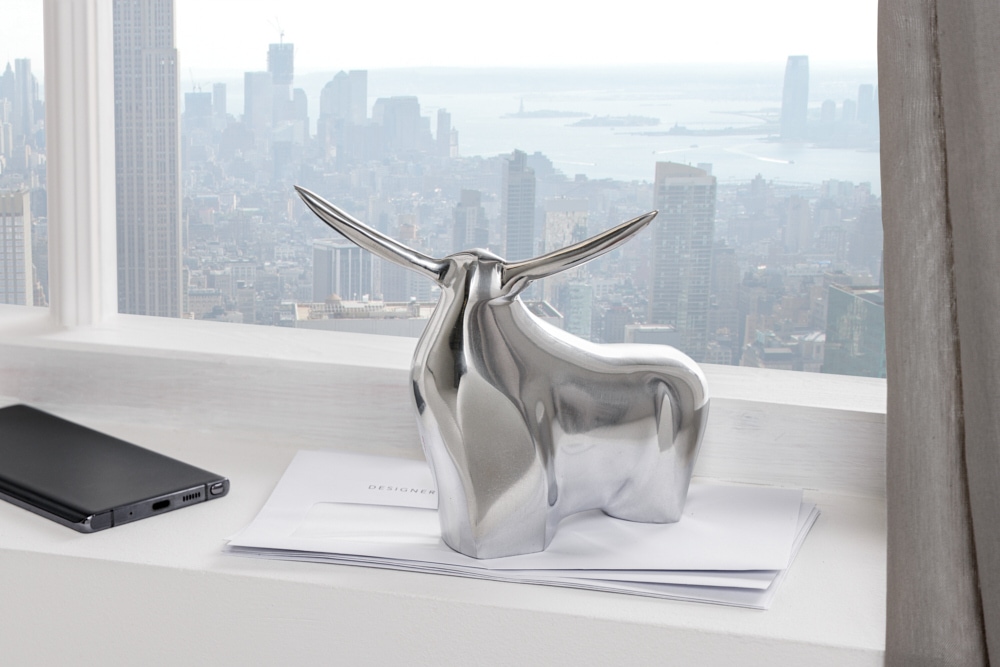 Moderne Skulptur BIG BULL silber Aluminium Dekoration Stierfigur Briefbeschwerer