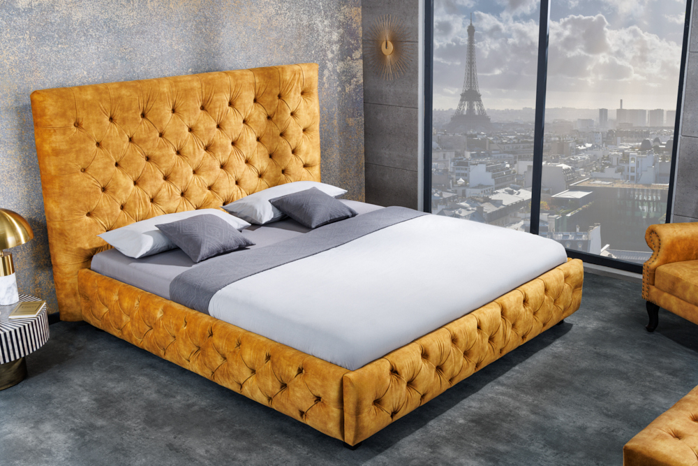 Queensize Doppelbett PARIS 160x200cm senfgelb Samt Chesterfield Design