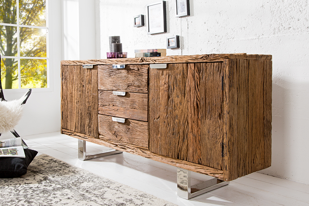 Massivholz Sideboard BARRACUDA 160cm Teak antik Kommode mit Schubladen Stahl Kufenfüßen