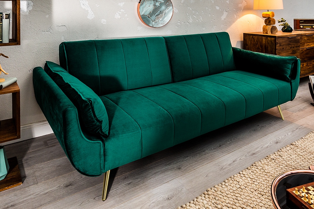 Retro Schlafsofa DIVANI 220cm smaragdgrün Samt goldene Metallfüße 3-Sitzer mit Bettfunktion
