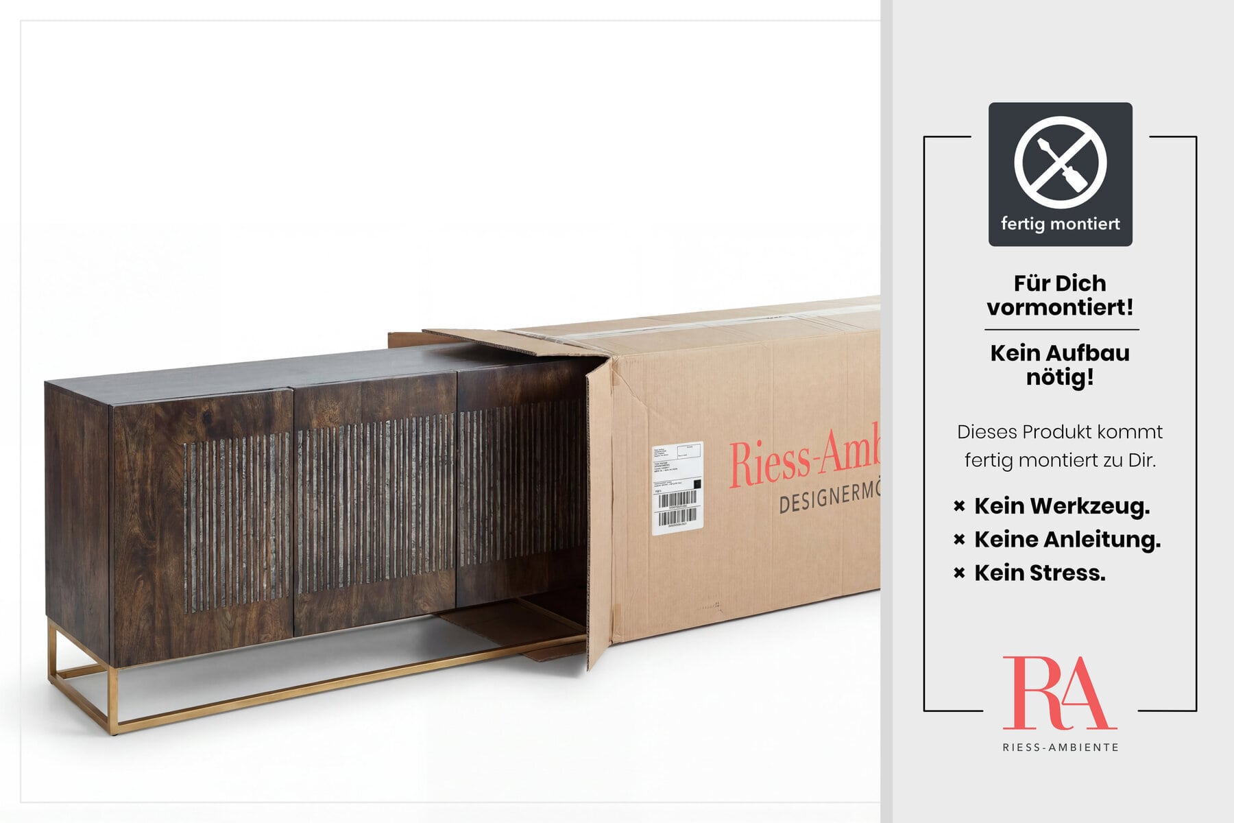 Massives Sideboard ONYX 180cm dunkelbraun Mangoholz Edelstein Achat gold Metallgestell