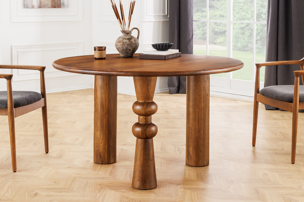 Runder Esstisch ARTE 120cm braun Mangoholz massiv mit markantem Gestell