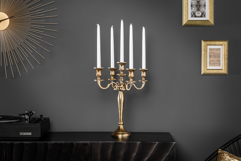 Kerzenständer MODERN BAROCK 40cm gold 5-armig Lüster Aluminium poliert Kerzenhalter Kerzenständer MODERN BAROCK 40cm gold 5-armig Lüster Aluminium poliert Kerzenhalter