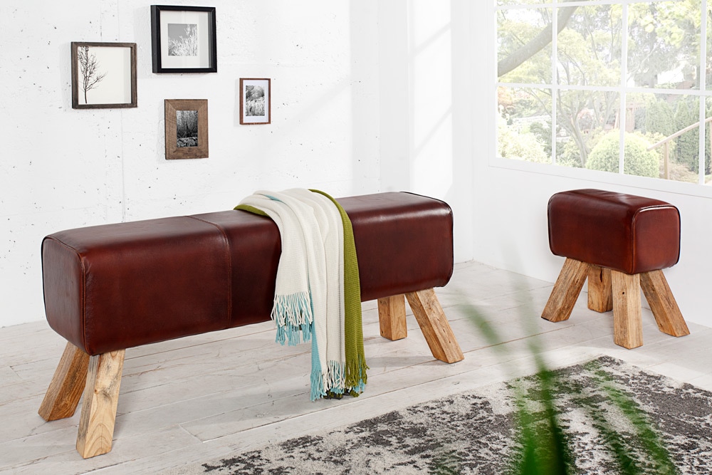 Retro Sitzhocker TURNBOCK 40cm mit Echtleder Bezug Mangoholz Hocker
