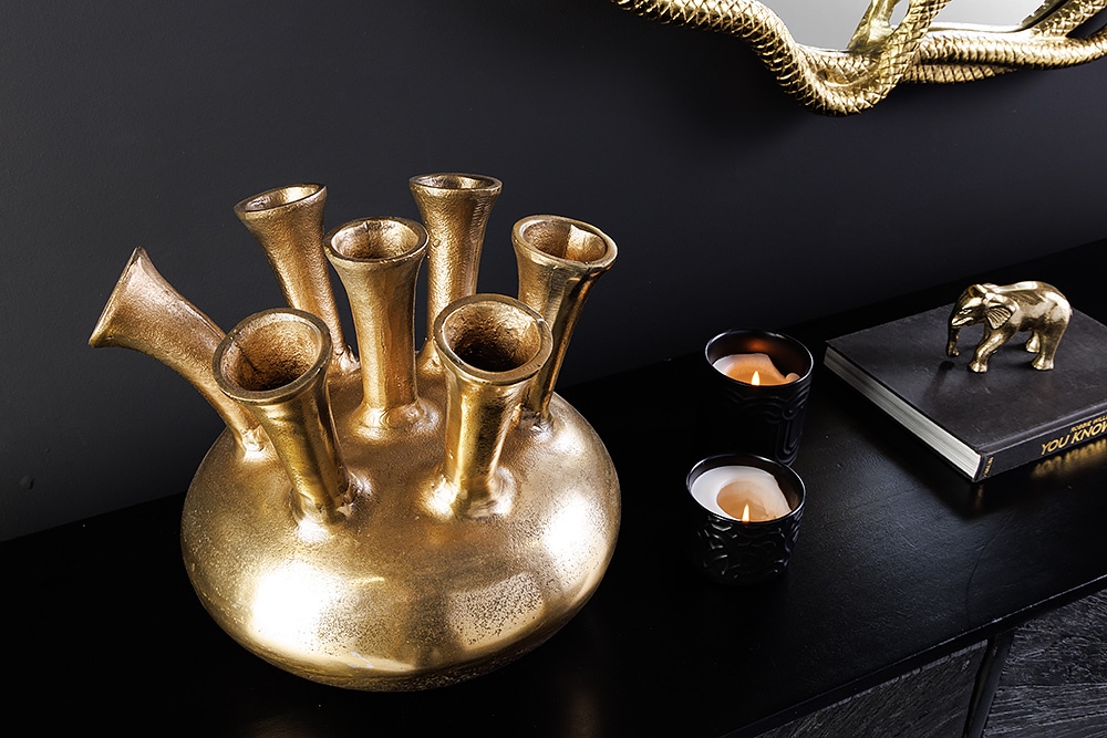 Handgefertigte Vase KIYA 35cm gold mit sieben Öffnungen Blumenvase