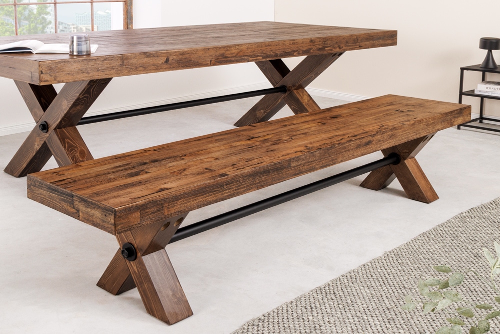 Industrial Bank GOLIATH 180cm natur Pinienholz X-Gestell schwarz Metall