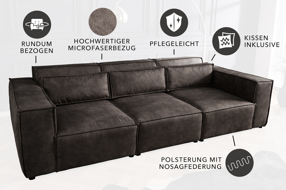 Design 3-Sitzer Sofa BOSSA NOVA 260cm antik dunkelgrau Microfaser Couch Wohnzimmer
