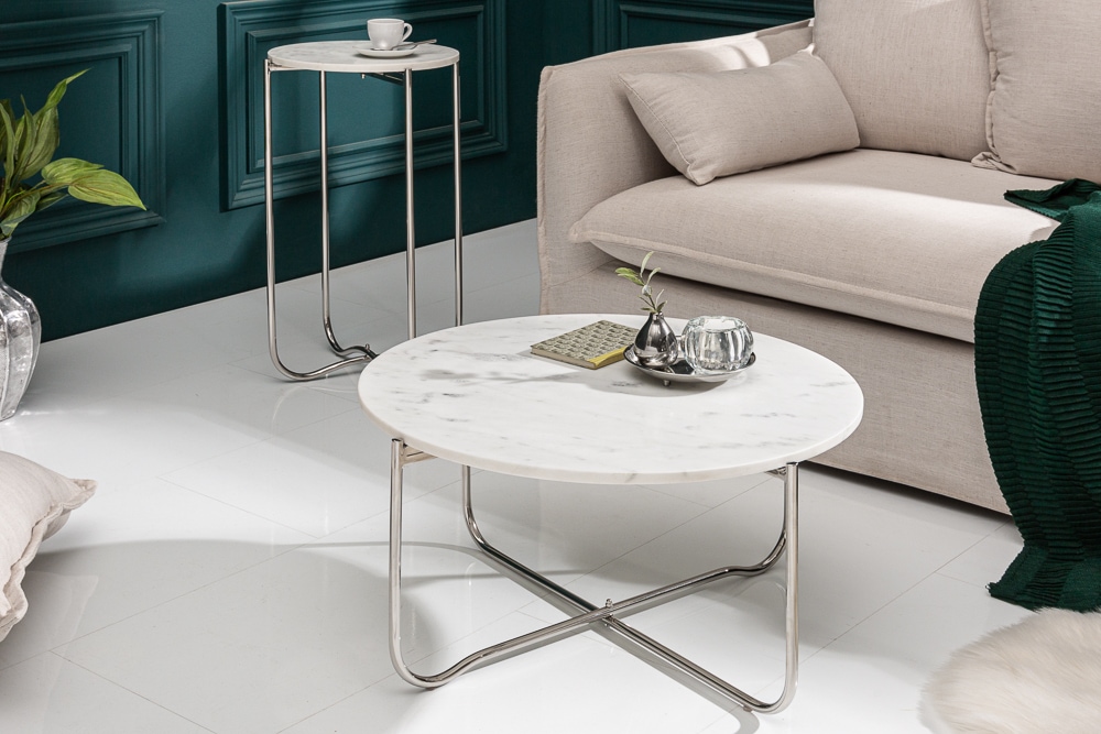 Runder Couchtisch NOBLE 65cm weiß Marmor abnehmbare Tischplatte klappbar silber Metall